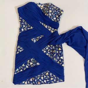 Anny Lee Jeweled Royal Blue Criss Cross Bandage Style Formal Mini Dress XS